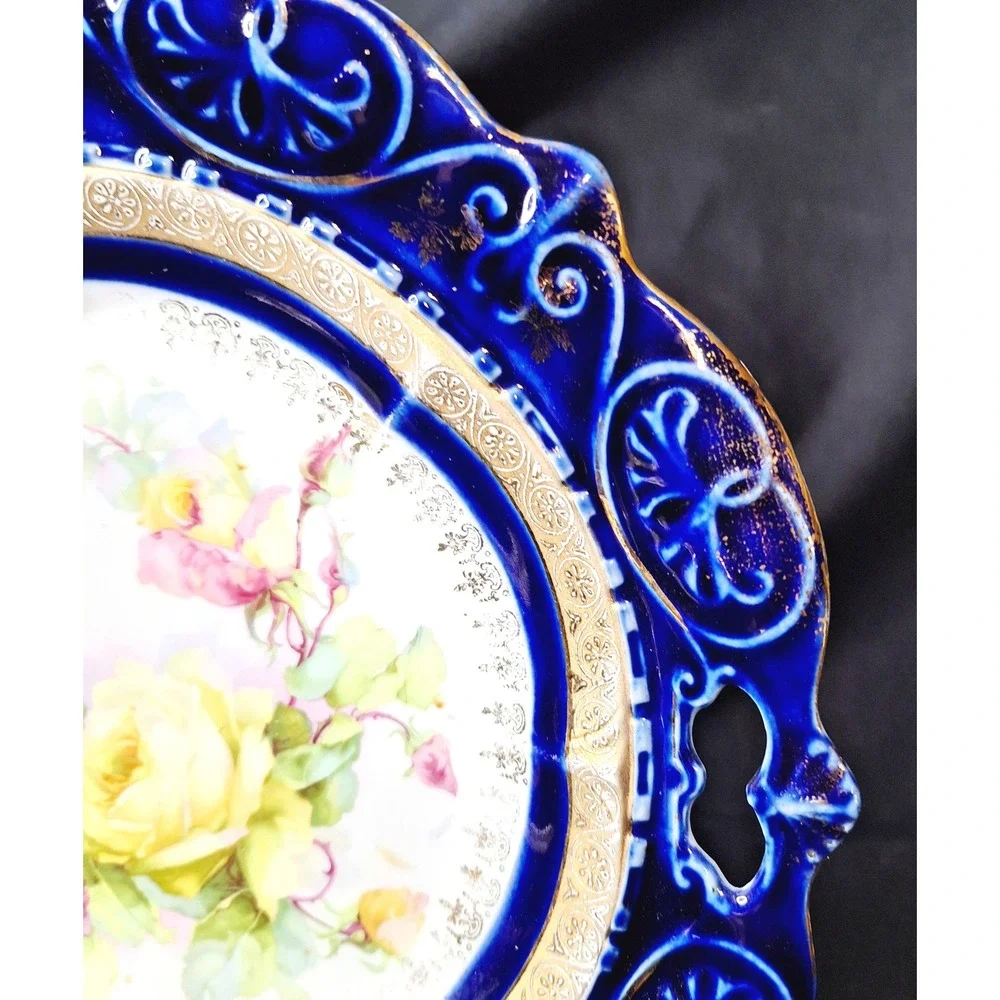 Antique Cobalt Blue Porcelain Cabinet Plate Gold Gilt Floral Roses Embossed 9.5